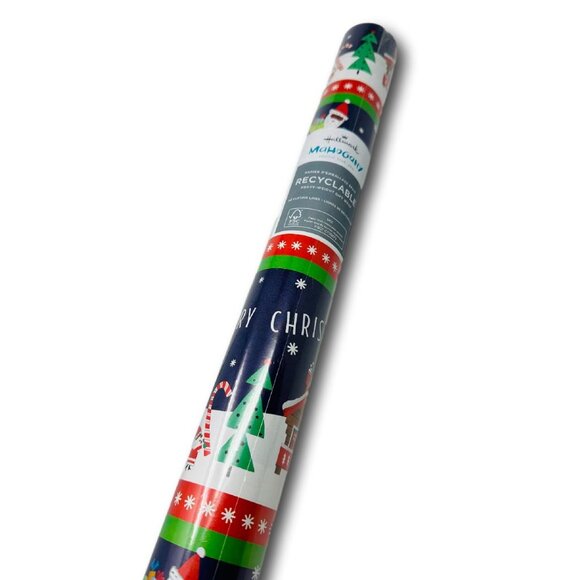 Hallmark Wrapping Paper Christmas Mahogany Santa Sled Blue 40 sq ft Roll Holiday - Picture 2 of 2
